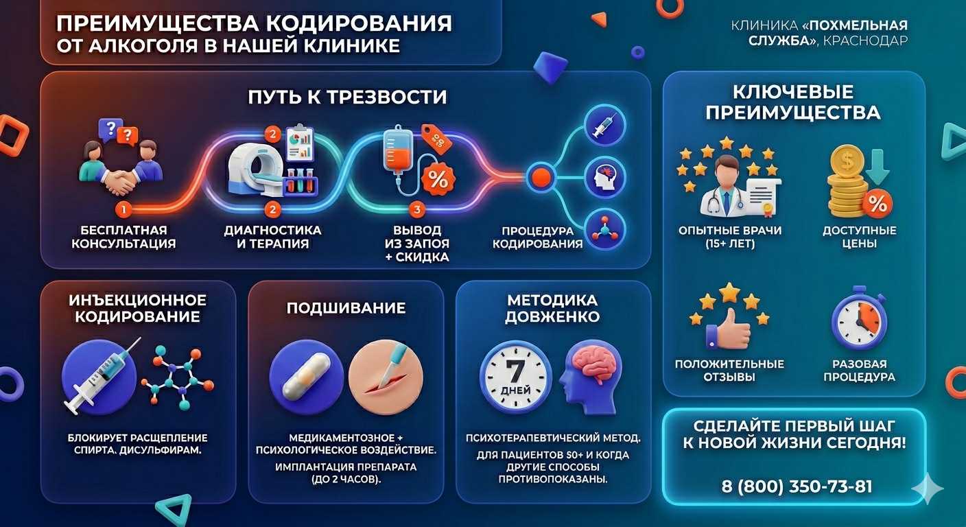 Инфографика о методах кодирования от алкоголя в Яндаре: инъекции, подшивание, метод Довженко. Преимущества клиники и этапы лечения.