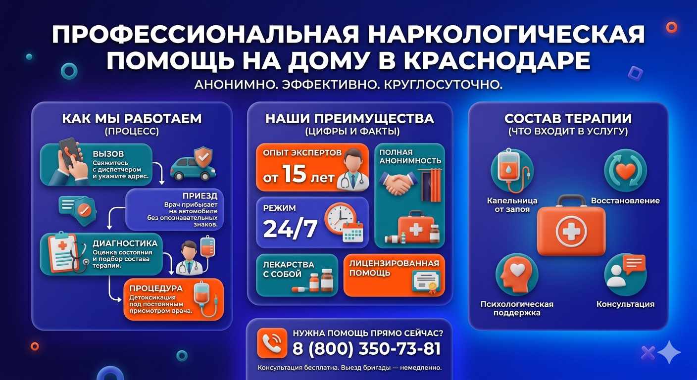 Инфографика о принципах лечения алкоголизма на дому в Яндаре: этапы вызова нарколога, преимущества анонимной детоксикации и состав медицинской помощи.